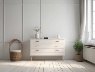 Wall Mural - White Minimalist Room with a Wooden Chest of Drawers and a Wicker Chair