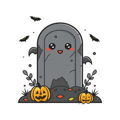 halloween tombstone with pumpkin and bats