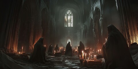 Wall Mural - Hooded figures praying by candlelight in a gothic cathedral.