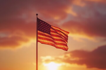 American flag waving at sunset, symbol of freedom and patriotism