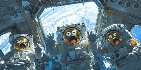 Three astronauts in space with shocked expressions.