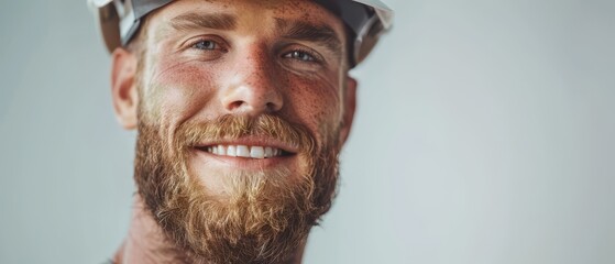 A man with a beard and a hard hat is smiling. He looks happy and confident. Concept of pride and accomplishment, as the man is likely a construction worker or a tradesperson