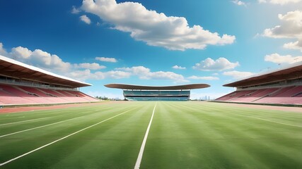 Running track race with green grass and lovely sky background, vacant runway, stadium venue for a sporting event.