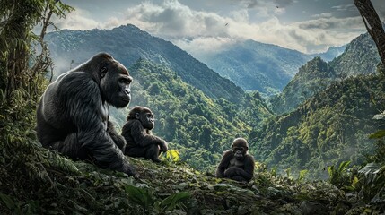 Gorilla Family In The Mountains