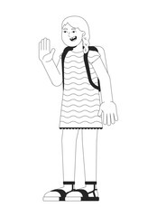 Wall Mural - Blonde caucasian schoolgirl hello waving black and white 2D line cartoon character. Hello gesturing boy with backpack isolated vector outline person. Back to school monochromatic spot illustration