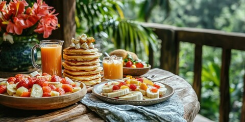 Pancakes, fruit, and juice on a wooden table.