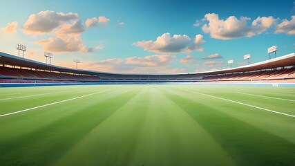 Running track race with green grass and lovely sky background, vacant runway, stadium venue for a sporting event.