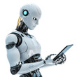 © Shinonome Studio - Ai robot using tablet isolate on transparency background