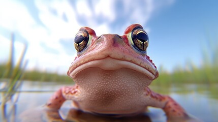 A frog is looking at the camera with its eyes wide open. The frog is in a pond with grass around it