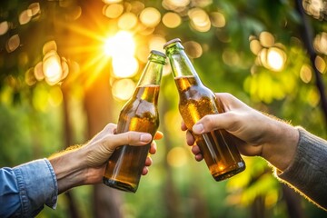 people clinking beer bottle outdoor. summer celebration cheer