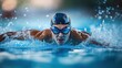 © TAHIYA - Male swimmer wearing goggles and cap performing butterfly stroke in a swimming pool with splashing water