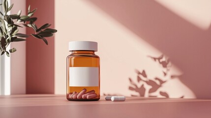 A prescription pill bottle with a blank label, some pills, and a plant in the background, symbolizing medication and health.