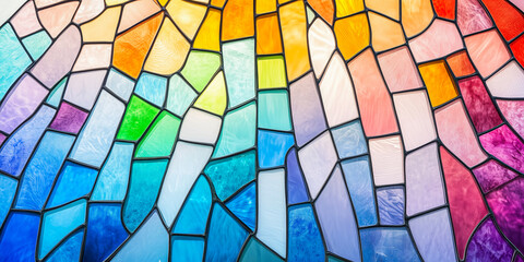 Vibrant stained glass window with an abstract pattern of multicolored geometric shapes, mosaic effect