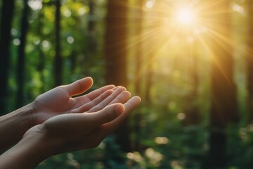 Wall Mural - sunlight filtering through forest onto open hands