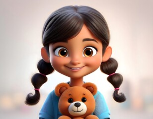 rendering cartoon girl pigtails big eyes smiling holds teddy bear high resolution high details vibrant