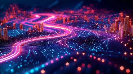 Poster - A futuristic smart city skyline, where abstract dot points connect with gradient lines, forming an intricate wave-like network that overlays the cityscape