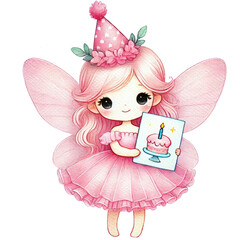 Adorable fairy girl with pink dress holding a birthday cake card, celebrating with a party hat. Cute and whimsical illustration