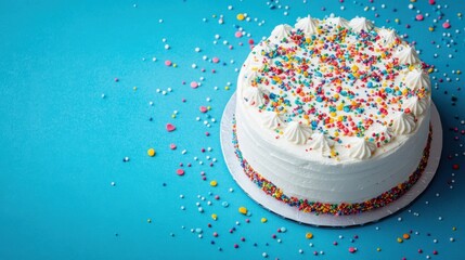 Colorful sprinkles on festive birthday cake with blue background