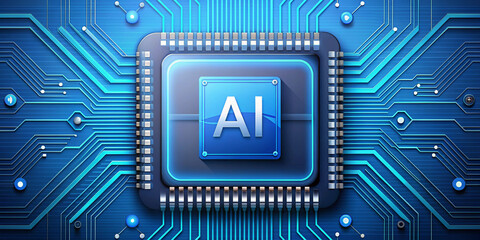 Technology Blue CPU computer microchips with AI in the center top view full length isolate on transparency background PNG