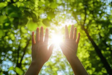 Wall Mural - hands reaching for sunlight through green leaves