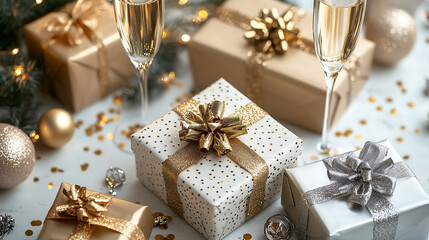 New Year's themed background with gift boxes wrapped in gold and silver, arranged on a white table