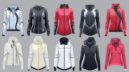 A contemporary collection of women's athletic jackets in vector format, showcasing sleek designs isolated on a silver background. 