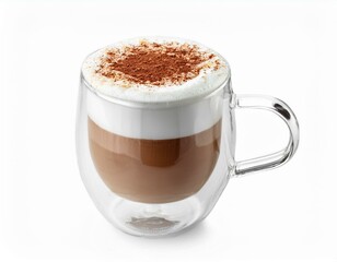 Foamy coffee cappuccino with wiped milk and coco powder on top, in double glass mug isolated on white background.ai generated