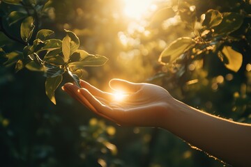 Wall Mural - hand holding light through leaves, nature's magic