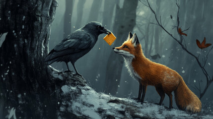 Wall Mural - The crow is standing on the tree with cheese in its mouth and looking at the fox --ar 16:9 --v 6.1 Job ID: 3aed9c43-cf51-4b42-953e-fde08bd10275