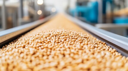 Conveyor belt packaging grains in a precision agricultural facility, grain processing, industrial efficiency