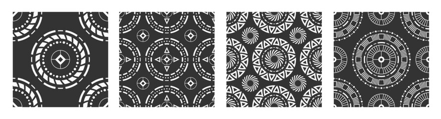 Wall Mural - Set of four abstract seamless vector pattern with round geometric shapes, symbols. Tribal pattern. Geometric shapes pattern. White shapes, isolated on black background.