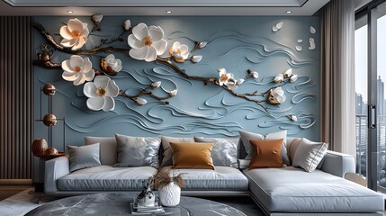 Wall Mural - A large wall mural of flowers and leaves is framed in a blue room. The room also features a white couch with orange pillows and a coffee table