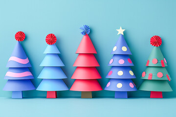 Colorful handmade christmas trees celebrating winter holidays on blue background