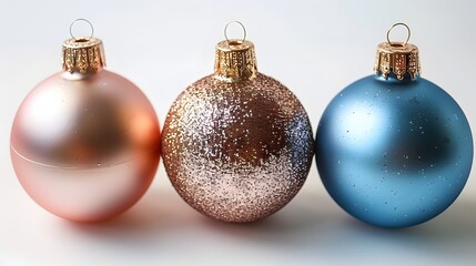 Wall Mural - Three Christmas ornaments with glitter on them. One is blue, one is pink and one is gold