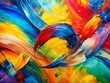 © Curie - A bold and vibrant painting featuring a primary colored background and expressive brushstrokes that swirl together to create a dynamic abstract composition.