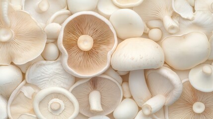 Wall Mural - A close up of many white mushrooms. The mushrooms are all different sizes and shapes. Concept of abundance and variety