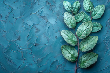 Wall Mural - Branch with green leaves lying on a blue textured background