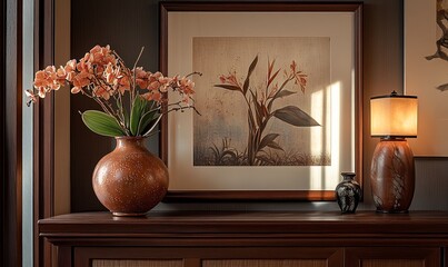 A wide-angle shot of a mahogany wood picture frame positioned on a tastefully decorated console table, with ambient lighting that enhances the frame’s rich mahogany hue and texture