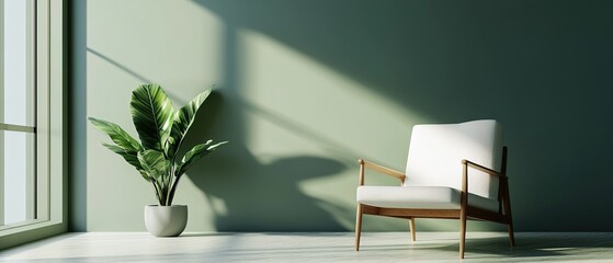 Modern living space with a white chair and a potted plant by the window