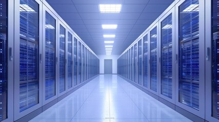  A large room with many blue cabinets and a white floor. The room is very bright and spacious