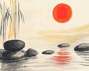 Wall Mural - Chinese Ink Painting of a Zen Garden