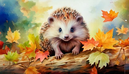 Sticker - Illustration of a Hedgehog in an autumn environment