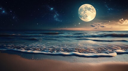 peaceful beach night starry sky with full moon