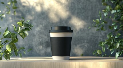 Black coffee cup with lid surrounded by greenery in natural light on a wooden surface