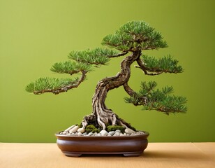 Abstract nature scene with a composition of spruce branches, stones, and dry snags. Traditional japanese bonsai miniature tree on a green background. Copy space. Ai generated image