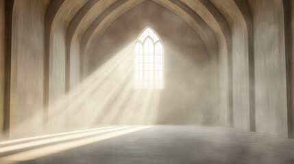 A large, empty room with a window that lets in light. The room is filled with smoke, giving it a mysterious and eerie atmosphere