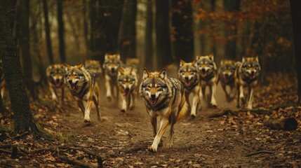 Pack Of Wolves Hunting In A Forest