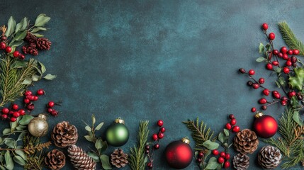 festive christmas border with seasonal decorations on blue background