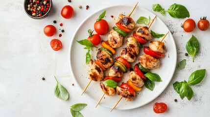  Arrange the chicken breast fillet skewers neatly on the plate. The skewers should be golden-brown with visible grill marks, 