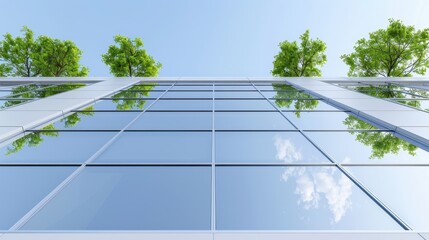 Wall Mural - A building with a lot of windows and trees reflected in the glass. The sky is blue and the trees are green